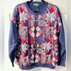 VTG 90’s Blue Multi Pattern Quilted Bomber Zip Up Sweater Jacket Lg Grannycore